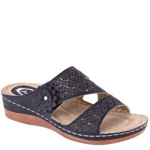 Italina Black Comfort Flower Laser Cut Perforated Slip-On Wedge Strappy Sandal